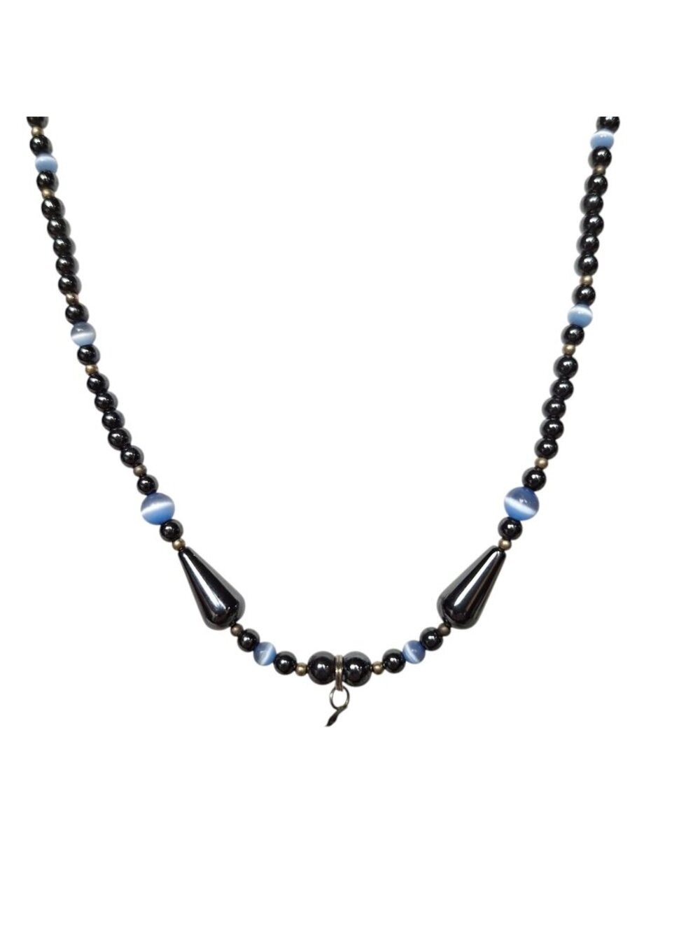 Vtg Hematite Cats Eye Bead Necklace Blue Gray Teardrop Y2K Dark Wave Goth Boho